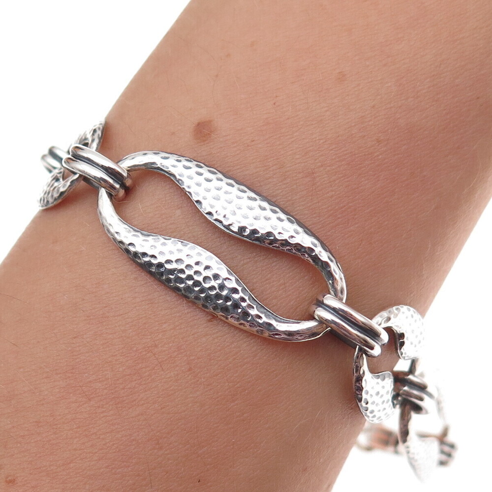 925 Sterling Silver Antique Art Deco Hammered Panel Link Bracelet 7.25"